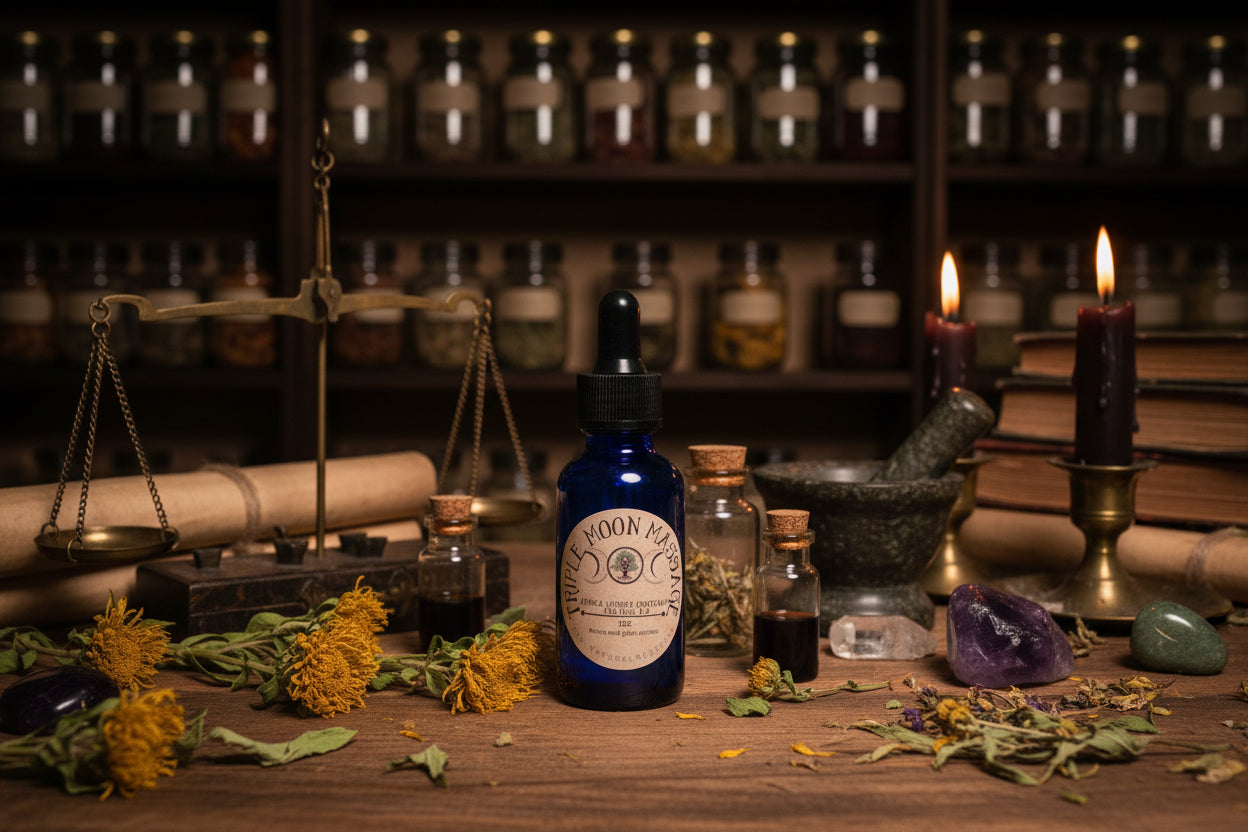 Blue bottle with a label on a green background