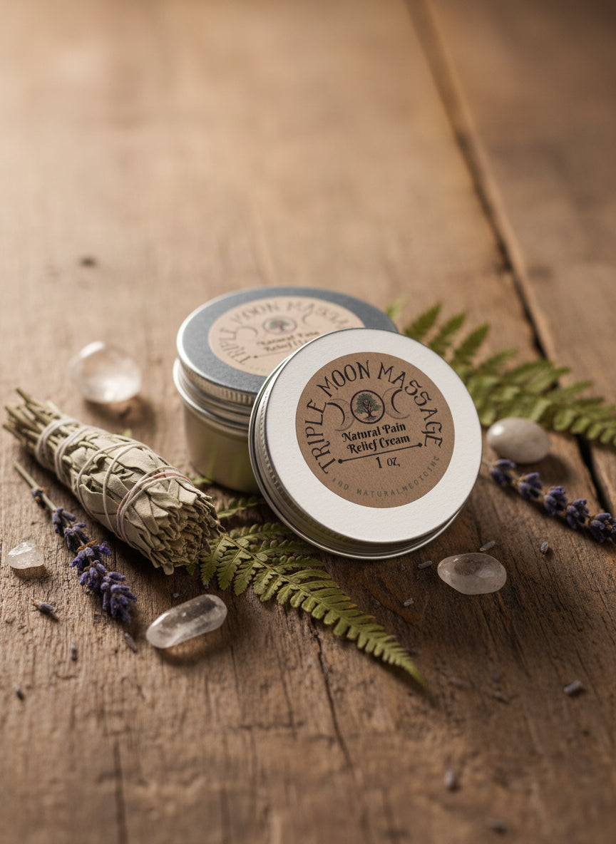 Two tins of 'Rippled Moon Massage' cream on a green background