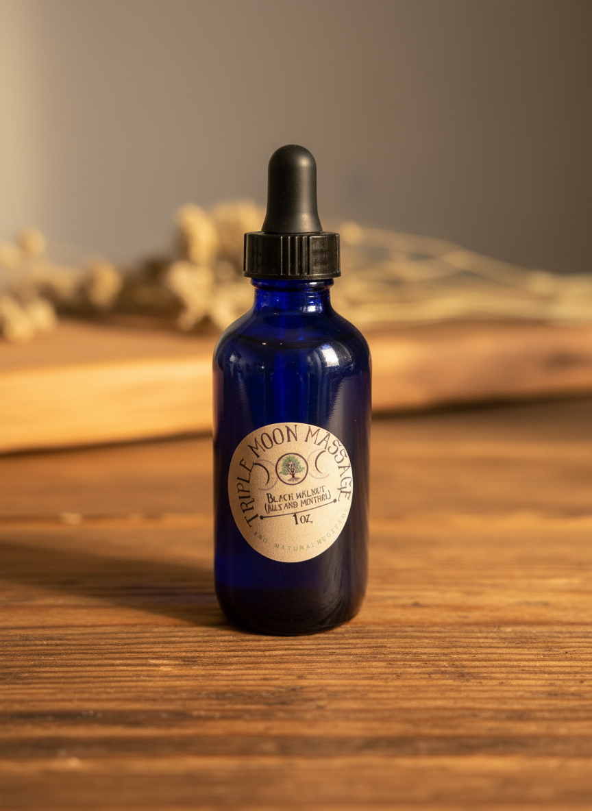 Blue glass dropper bottle with a label on a wooden surface