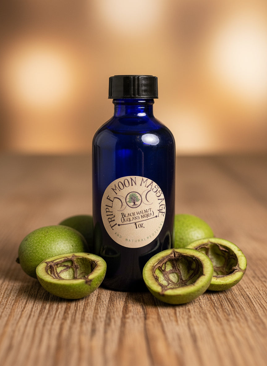 Blue bottle with a gold label on a green background