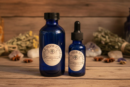 Two blue glass bottles with labels on a green background