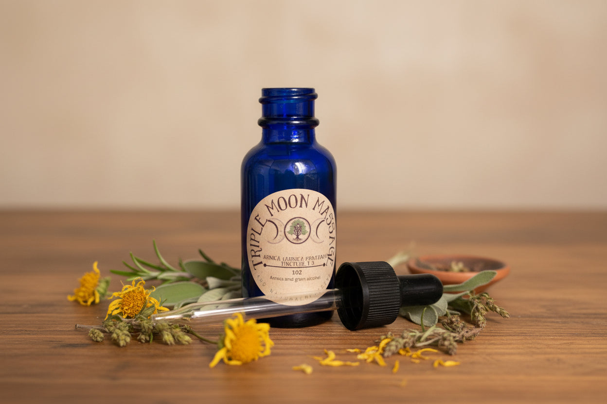 Blue bottle with dropper labeled 'Triple Moon' on a green background