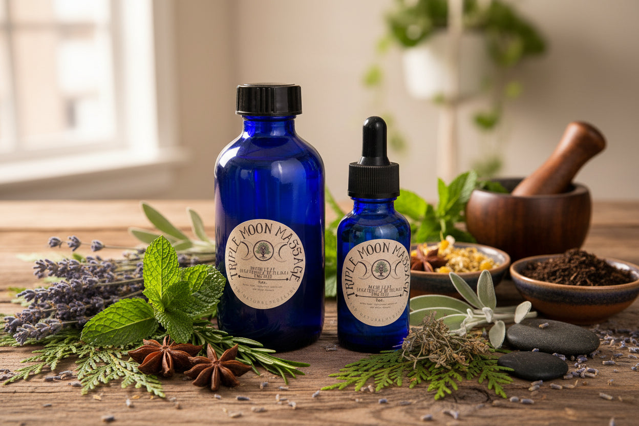 Two blue bottles with labels on a green background