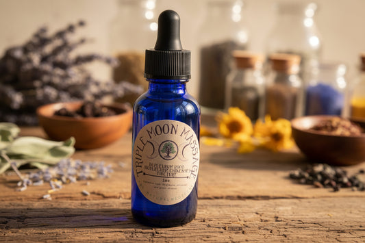 Blue massage oil bottle with a label on a green background