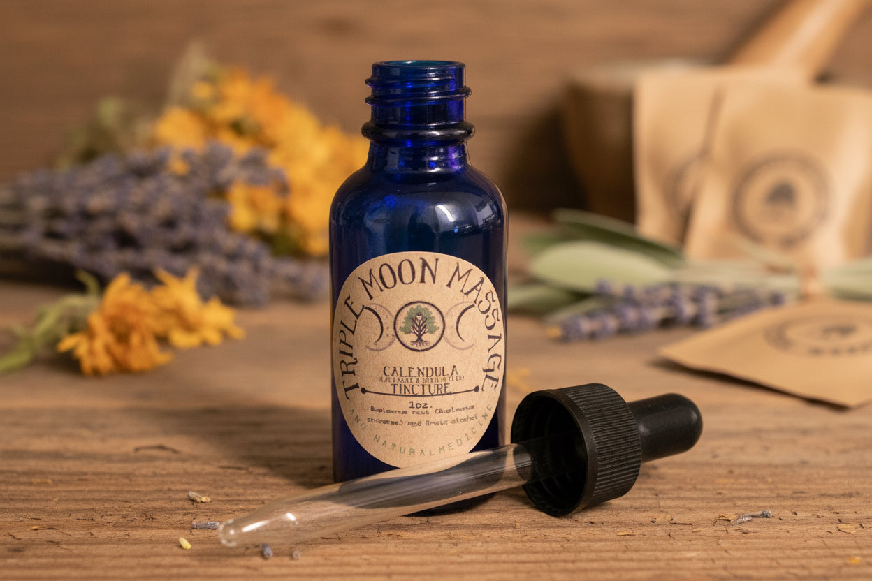 Bottle of Moon Massage product with a dropper on a green background