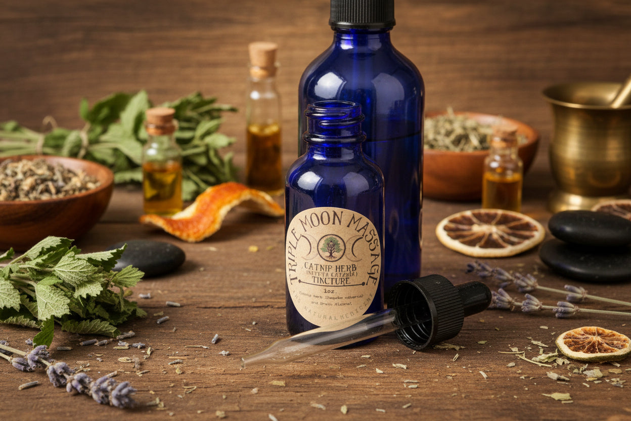 Blue bottle with a label on a green background