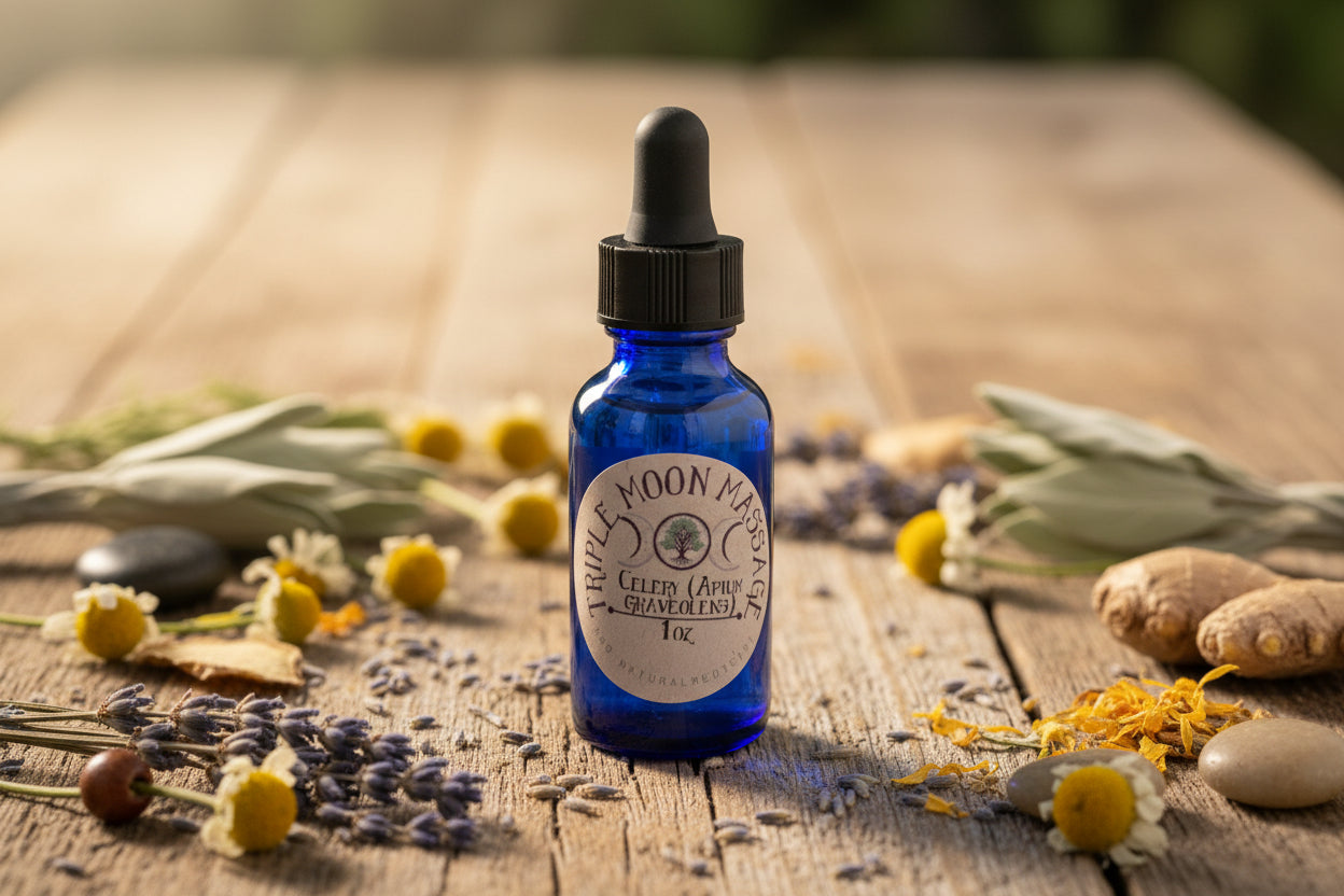 Blue massage oil bottle with a label on a green background